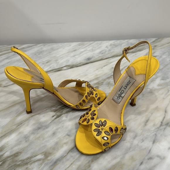 JIMMY CHOO YELLOW KID LEATHER RUMER GLASS DROPS SLING 36 1/2 6.5 - Picture 7 of 7